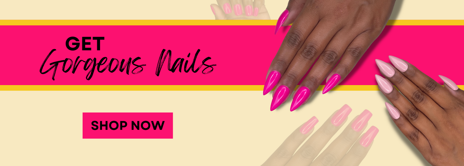 Banner that says get gorgeous nails, there are cutouts of human hands with pink press on nails, stiletto press on nails in bright pink, stiletto press on nails in a nude pink, medium length square press on nails in bright pink, and short square press on nails in bright pink. There's a shop now button to be able to purchase a made to order set of press on nails that can be delivered to your home and reworn and reused for style and convenience.