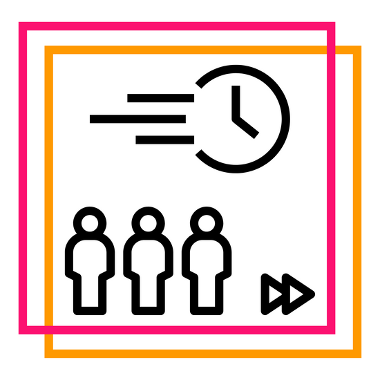 An icon with cutout drawings of people waiting in line and a clock indicating that you can select for your order to be rushed in case you need your order made as soon as possible, you can skip to the beginning of the line with a rush service add on for your glueless lace wig or press on nails which are made to order